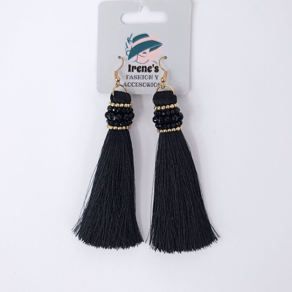 Irenes Earrings Tassel Dangle Beaded Gold Black Tone Hook Long Womens Jewelry - Picture 6 of 6